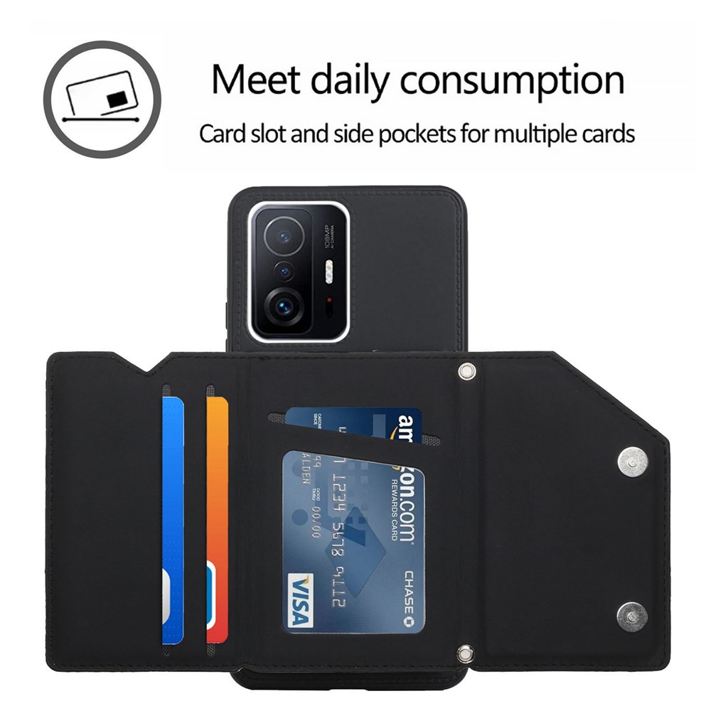Multiple Card Slots Kickstand Anti-fall Solid Color PU Leather + TPU Phone Cover Shell with Shoulder Strap for Xiaomi 11T/11T Pro - Black-2