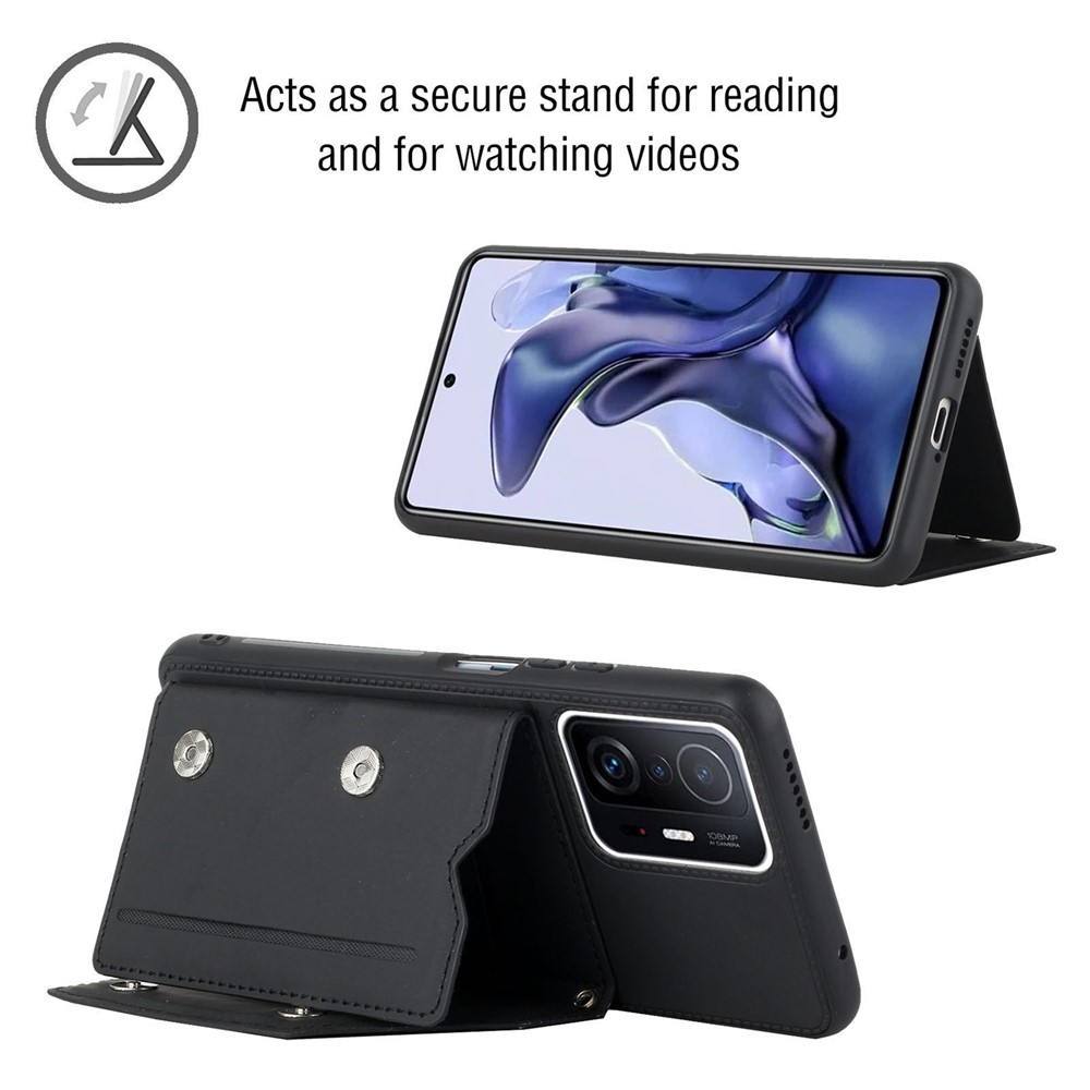 Multiple Card Slots Kickstand Anti-fall Solid Color PU Leather + TPU Phone Cover Shell with Shoulder Strap for Xiaomi 11T/11T Pro - Black-3
