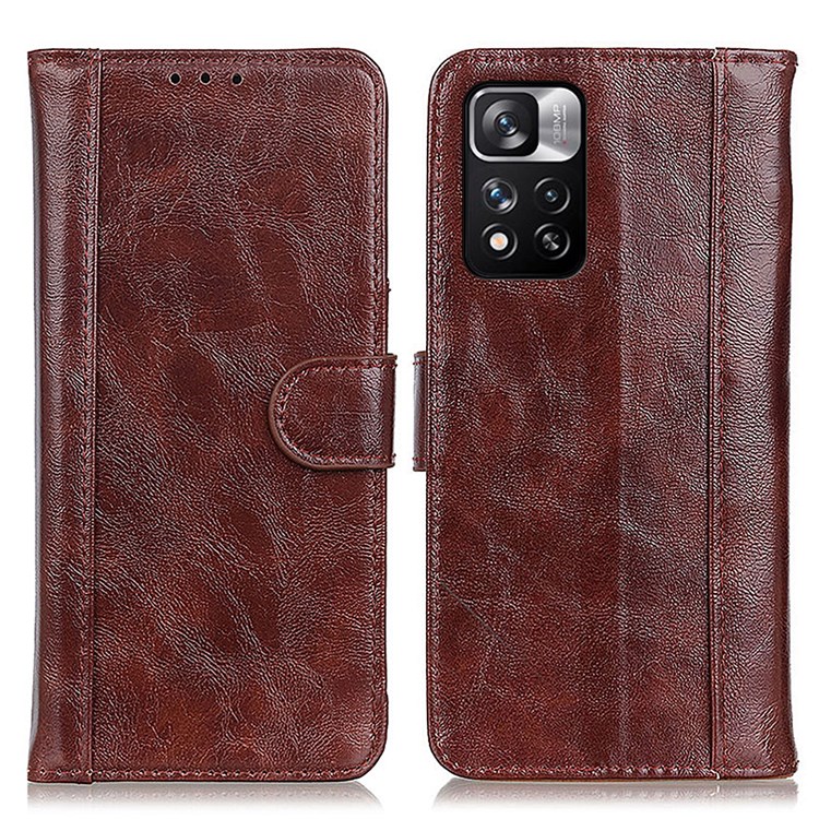 Double Stitching Line Crazy Horse Texture Split Leather Case Protective Cover with Stand Wallet for Xiaomi Redmi Note 11 Pro/Note 11 Pro+ - Brown-1