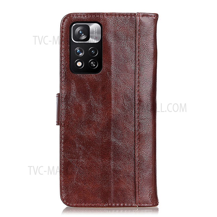 Double Stitching Line Crazy Horse Texture Split Leather Case Protective Cover with Stand Wallet for Xiaomi Redmi Note 11 Pro/Note 11 Pro+ - Brown-3