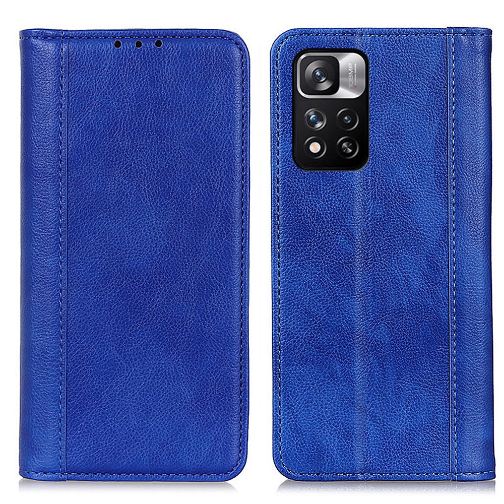 Card Slot Litchi Texture Split Leather Foldable Stand Phone Cover Shell with Magnetic Auto Closure for Xiaomi Redmi Note 11 Pro/Note 11 Pro+ - Blue-1
