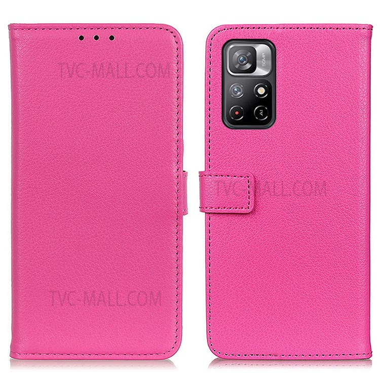 Folio Flip Litchi Texture PU Leather Wallet Stand Cover Magnetic Clasp Phone Case for Xiaomi Redmi Note 11 - Rose-1