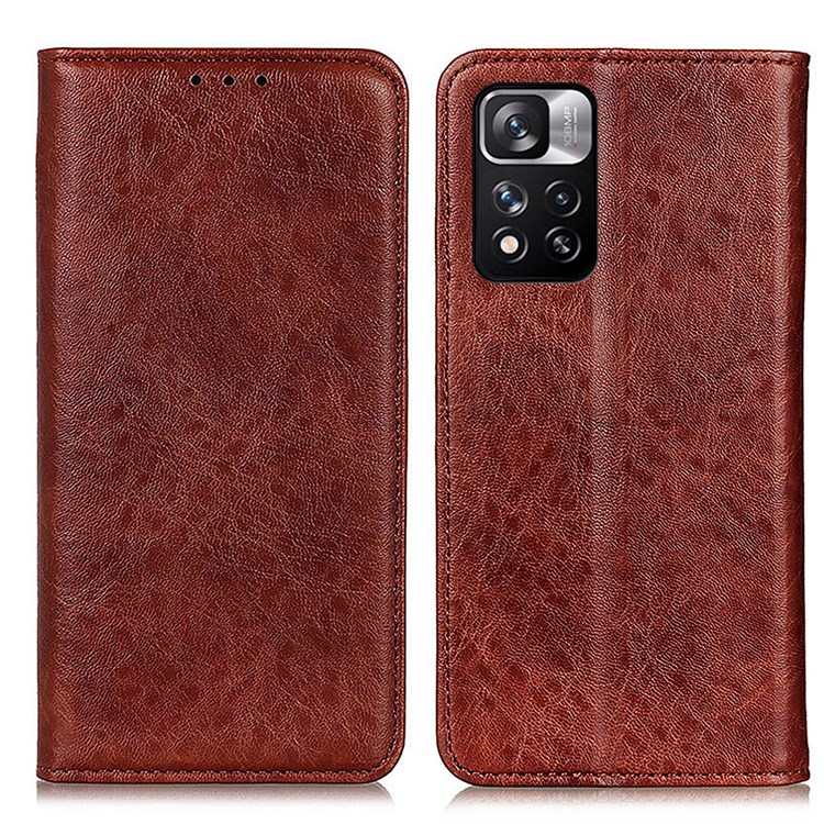 Crazy Horse Texture Auto-absorbed Closure Magnet Leather Case Stand Phone Cover with Wallet for Xiaomi Redmi Note 11 Pro/Note 11 Pro+ - Brown-1