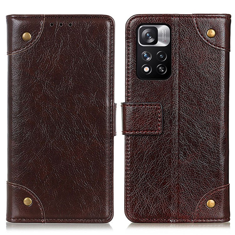 Nappa Texture Brass Button Protective Leather Phone Cover with Wallet Stand for Xiaomi Redmi Note 11 Pro/Note 11 Pro+ - Coffee-1