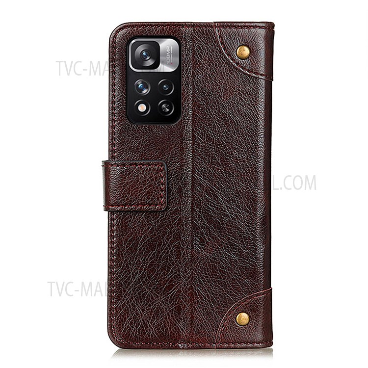 Nappa Texture Brass Button Protective Leather Phone Cover with Wallet Stand for Xiaomi Redmi Note 11 Pro/Note 11 Pro+ - Coffee-3