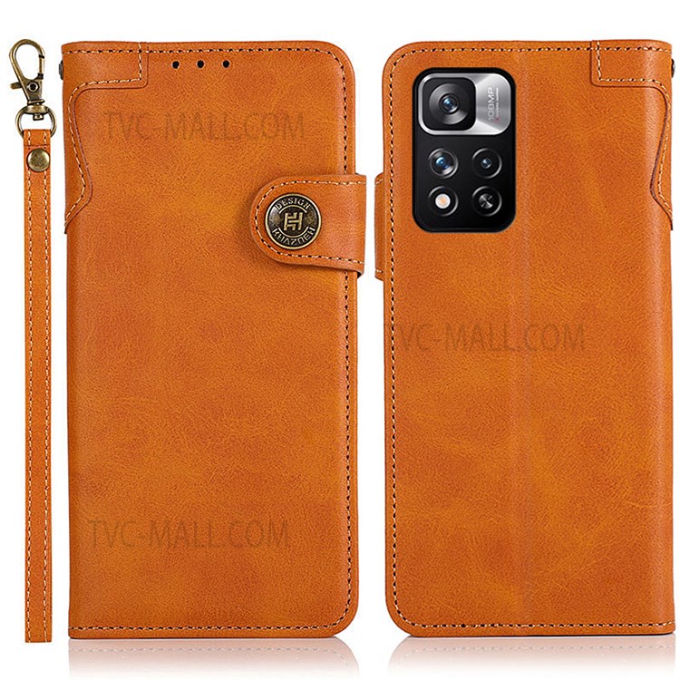 KHAZNEH Magnetic Clasp Anti-fall Leather Wallet Stand Phone Well-protected Case Cover with Wrist Strap for Xiaomi Redmi Note 11 Pro/Note 11 Pro+ - Brown-1