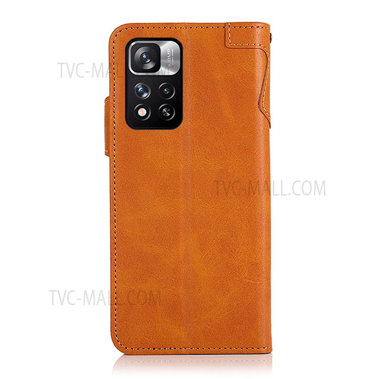 KHAZNEH Magnetic Clasp Anti-fall Leather Wallet Stand Phone Well-protected Case Cover with Wrist Strap for Xiaomi Redmi Note 11 Pro/Note 11 Pro+ - Brown-3