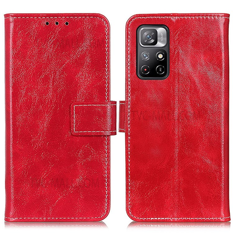 Drop and Shock Protection Vintage Style Crazy Horse Texture PU Leather Wallet Stand Flip Phone Shell Case for Xiaomi Redmi Note 11 - Red-1