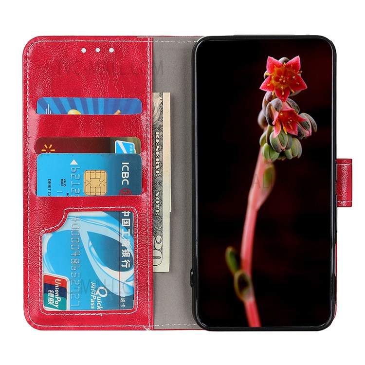 Drop and Shock Protection Vintage Style Crazy Horse Texture PU Leather Wallet Stand Flip Phone Shell Case for Xiaomi Redmi Note 11 - Red-4