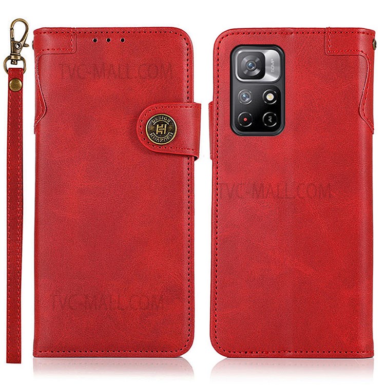KHAZNEH PU Leather Wallet Stand Drop Protection Magnetic Closure Phone Case Cover with Wrist Strap for Xiaomi Redmi Note 11 - Red-1