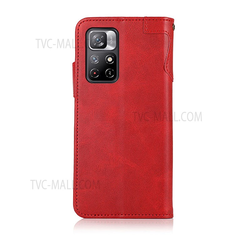 KHAZNEH PU Leather Wallet Stand Drop Protection Magnetic Closure Phone Case Cover with Wrist Strap for Xiaomi Redmi Note 11 - Red-3