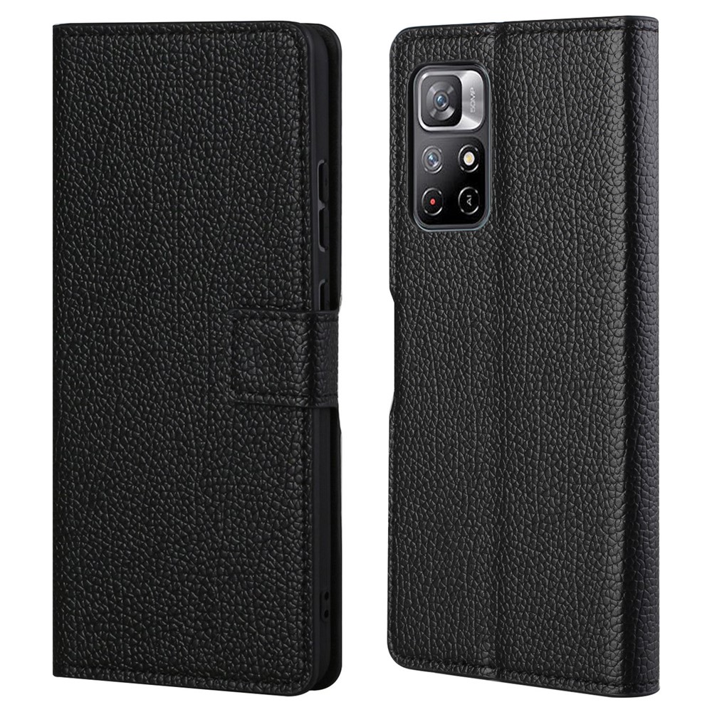 For Xiaomi Redmi Note 11/Poco M4 Pro 5G Litchi Texture Stand Wallet Leather Case Well-Protected Magnetic Clasp Cell Phone Protector Shell - Black-1