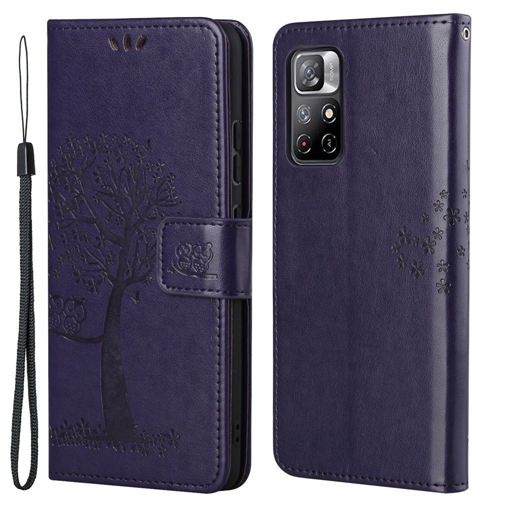 Folio Flip Owl Tree Imprint Well-Protected Anti-Drop Stylish Leather Wallet Phone Case Shell with Stand for Xiaomi Redmi Note 11 - Dark Purple-1
