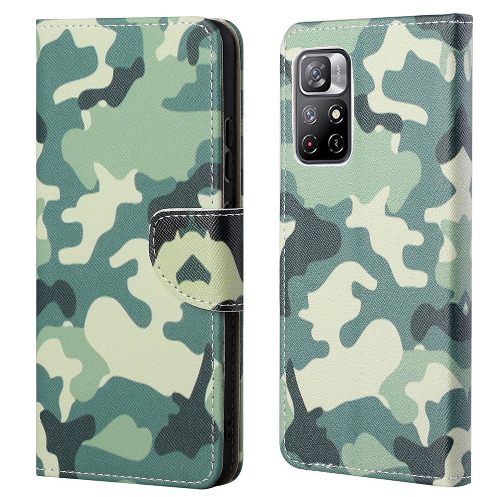 Pattern Printing Phone Case Scratch-resistant Cross Texture PU Leather Wallet Design Cover with Stand for Xiaomi Redmi Note 11/Poco M4 Pro 5G - Camouflage-1