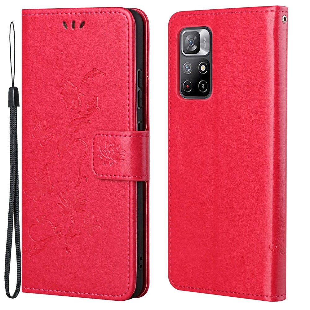 Wallet Function Phone Case Imprinted Butterflies Flower Anti-fall PU Leather Protective Phone Stand Shell for Xiaomi Redmi Note 11 - Red-1