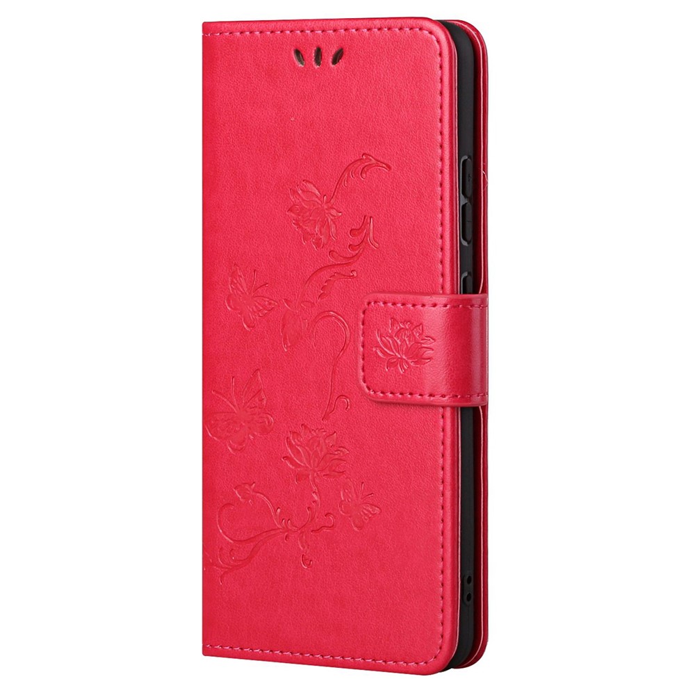 Wallet Function Phone Case Imprinted Butterflies Flower Anti-fall PU Leather Protective Phone Stand Shell for Xiaomi Redmi Note 11 - Red-2