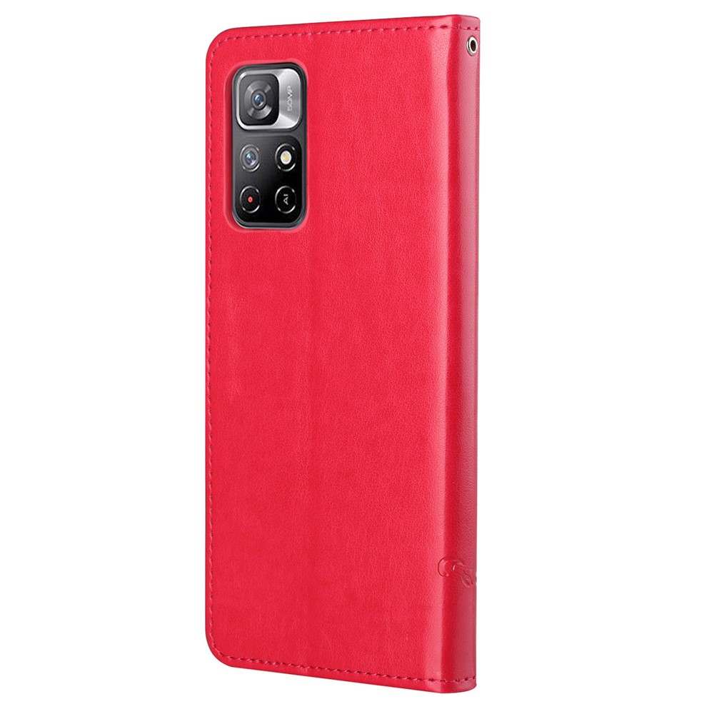 Wallet Function Phone Case Imprinted Butterflies Flower Anti-fall PU Leather Protective Phone Stand Shell for Xiaomi Redmi Note 11 - Red-3