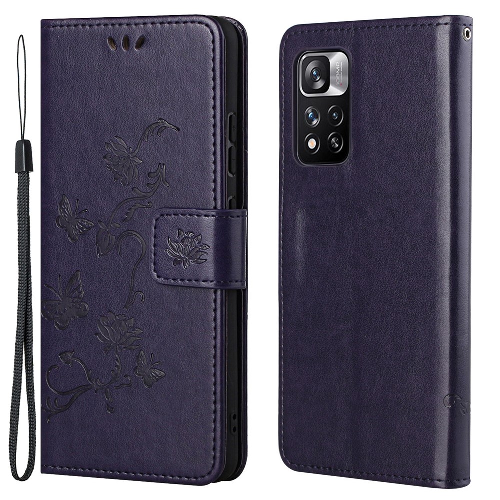 Imprinted Butterflies Flower Anti-fall PU Leather Protective Phone Stand Shell with Card Slots and Cash Pocket for Xiaomi Redmi Note 11 Pro+ / Redmi 11 Pro - Dark Purple-1