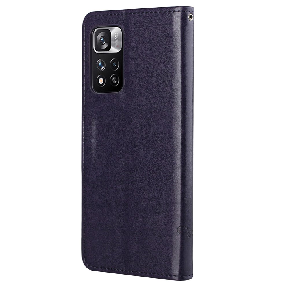 Imprinted Butterflies Flower Anti-fall PU Leather Protective Phone Stand Shell with Card Slots and Cash Pocket for Xiaomi Redmi Note 11 Pro+ / Redmi 11 Pro - Dark Purple-3