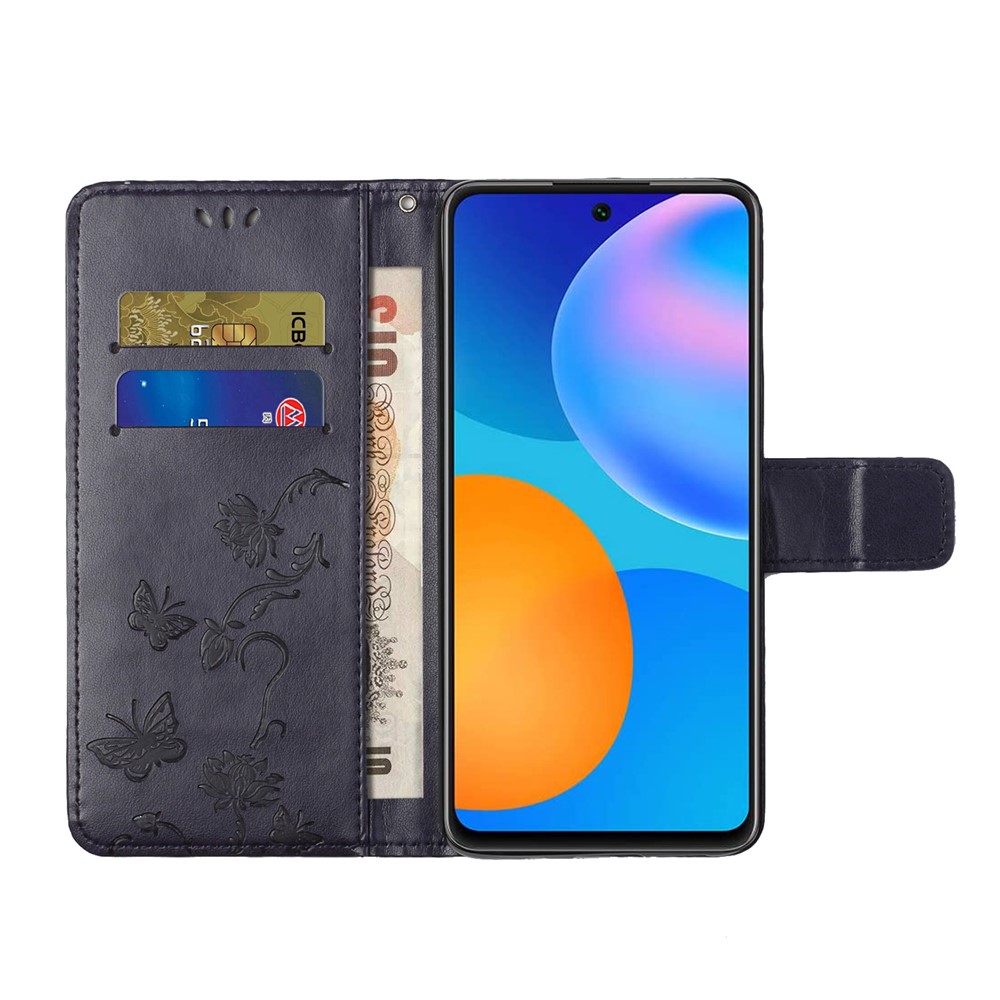 Imprinted Butterflies Flower Anti-fall PU Leather Protective Phone Stand Shell with Card Slots and Cash Pocket for Xiaomi Redmi Note 11 Pro+ / Redmi 11 Pro - Dark Purple-4
