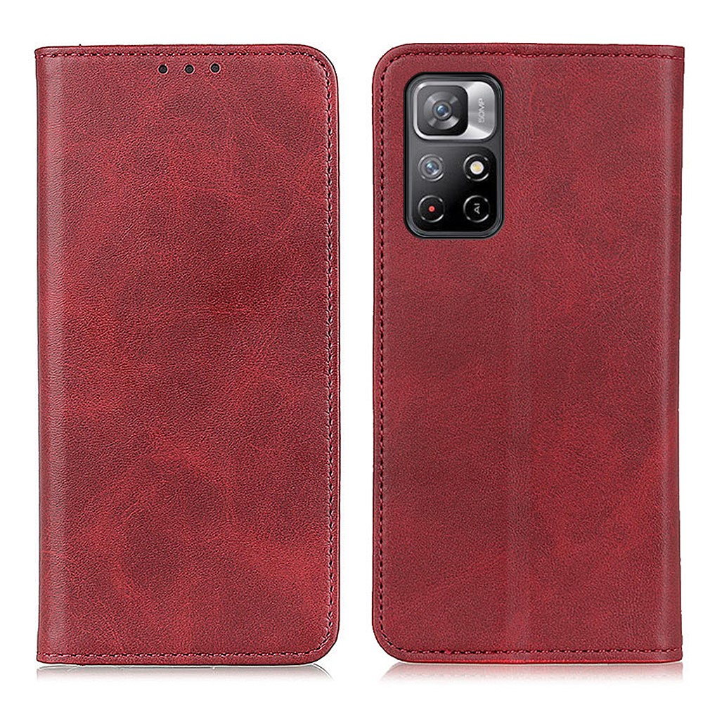 Magnetic Auto-absorbed Split Leather Cover + TPU Inner Case Shockproof Anti-fall Wallet Stand Cover for Xiaomi Redmi Note 11/Poco M4 Pro 5G - Red-1
