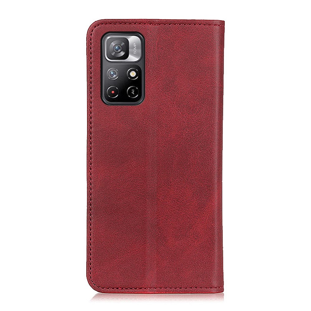 Magnetic Auto-absorbed Split Leather Cover + TPU Inner Case Shockproof Anti-fall Wallet Stand Cover for Xiaomi Redmi Note 11/Poco M4 Pro 5G - Red-3