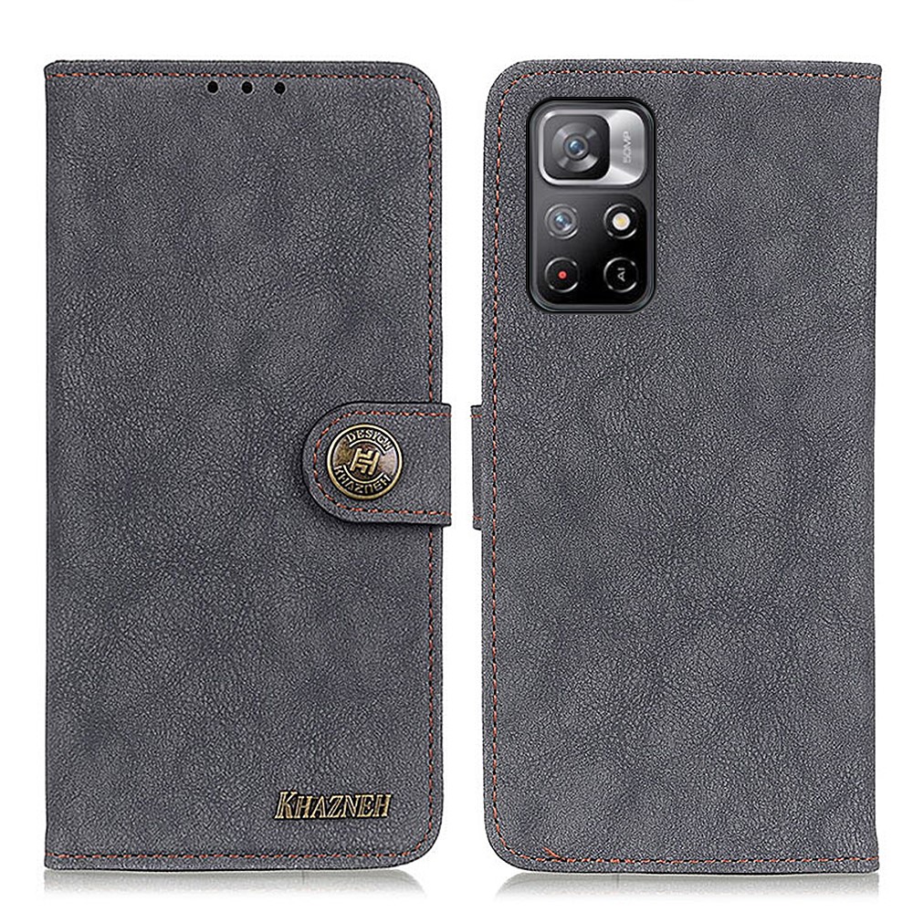 KHAZHEN Stitching Line Vintage Magnetic Closing Anti-fall Split Leather Wallet Folio Stand Cover for Xiaomi Redmi Note 11 / Poco M4 Pro 5G - Black-1