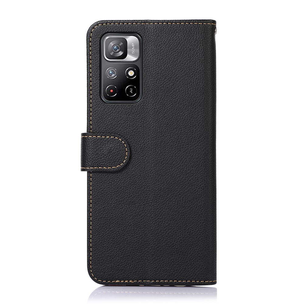 KHAZNEH RFID Litchi Texture Phone Case Blocking Anti-theft Swiping Protective Leather Cover with Stand Wallet for Xiaomi Redmi Note 11/Poco M4 Pro 5G - Black-3