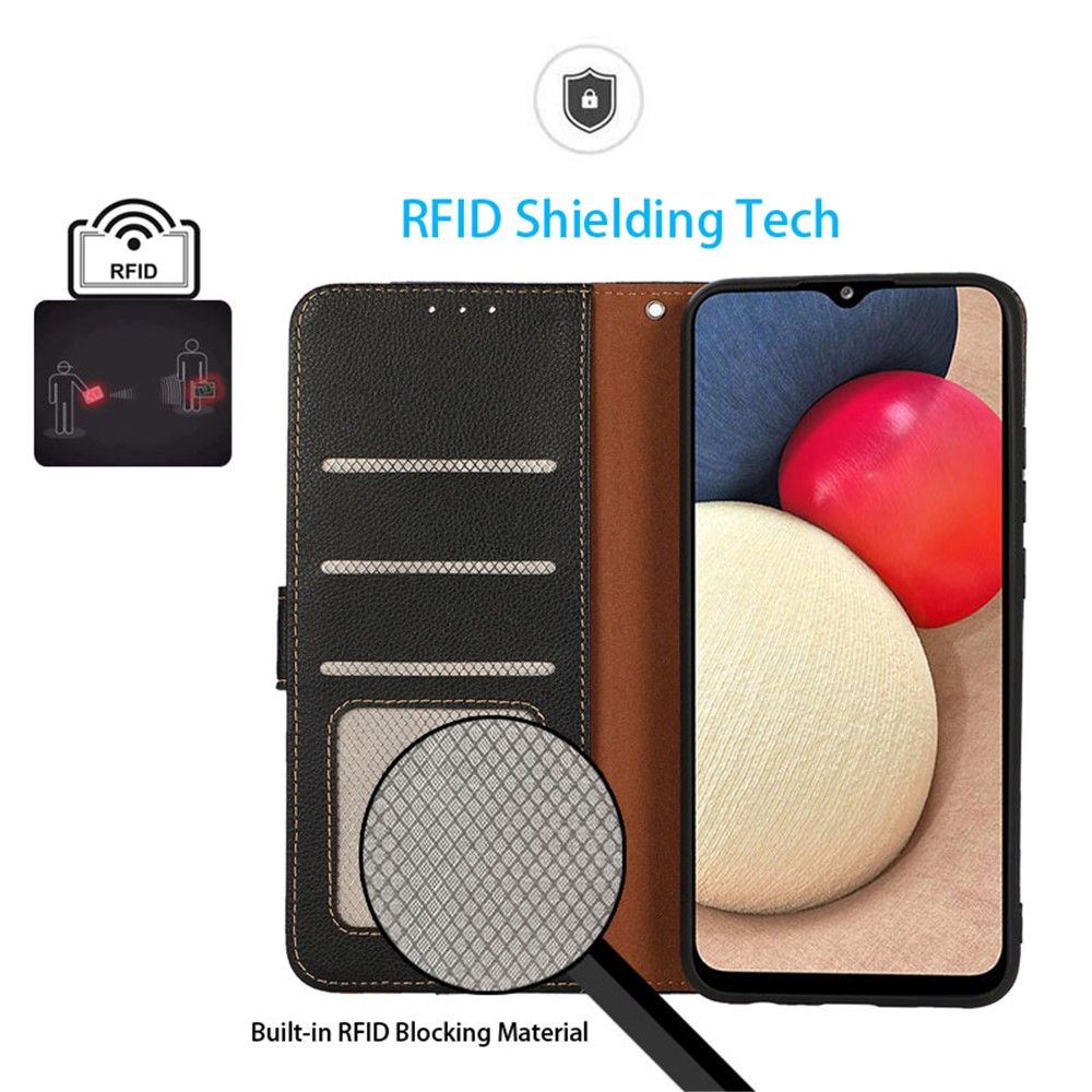 KHAZNEH RFID Litchi Texture Phone Case Blocking Anti-theft Swiping Protective Leather Cover with Stand Wallet for Xiaomi Redmi Note 11/Poco M4 Pro 5G - Black-6