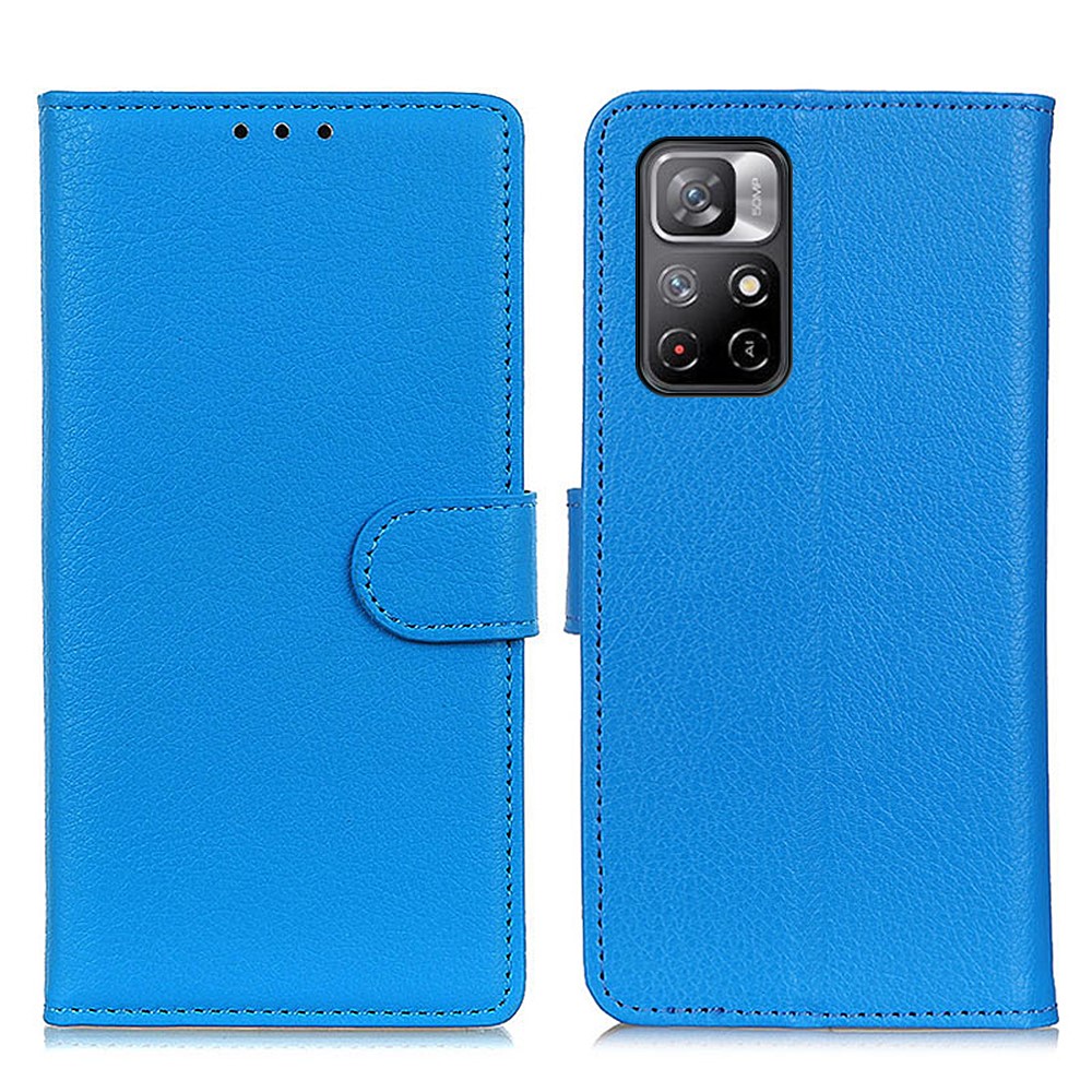 Classic Style Litchi Texture PU Leather Full Body Protection Phone Case Stand Wallet Cover for Xiaomi Redmi Note 11 - Blue-1