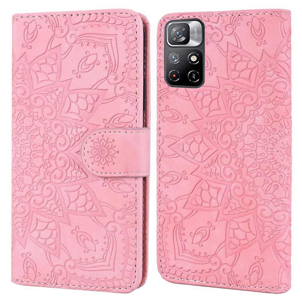 Imprint Flower Phone Cover Scratch-resistant Anti-fall Wallet Design Leather Case with Stand for Xiaomi Redmi Note 11/Poco M4 Pro 5G - Pink-1