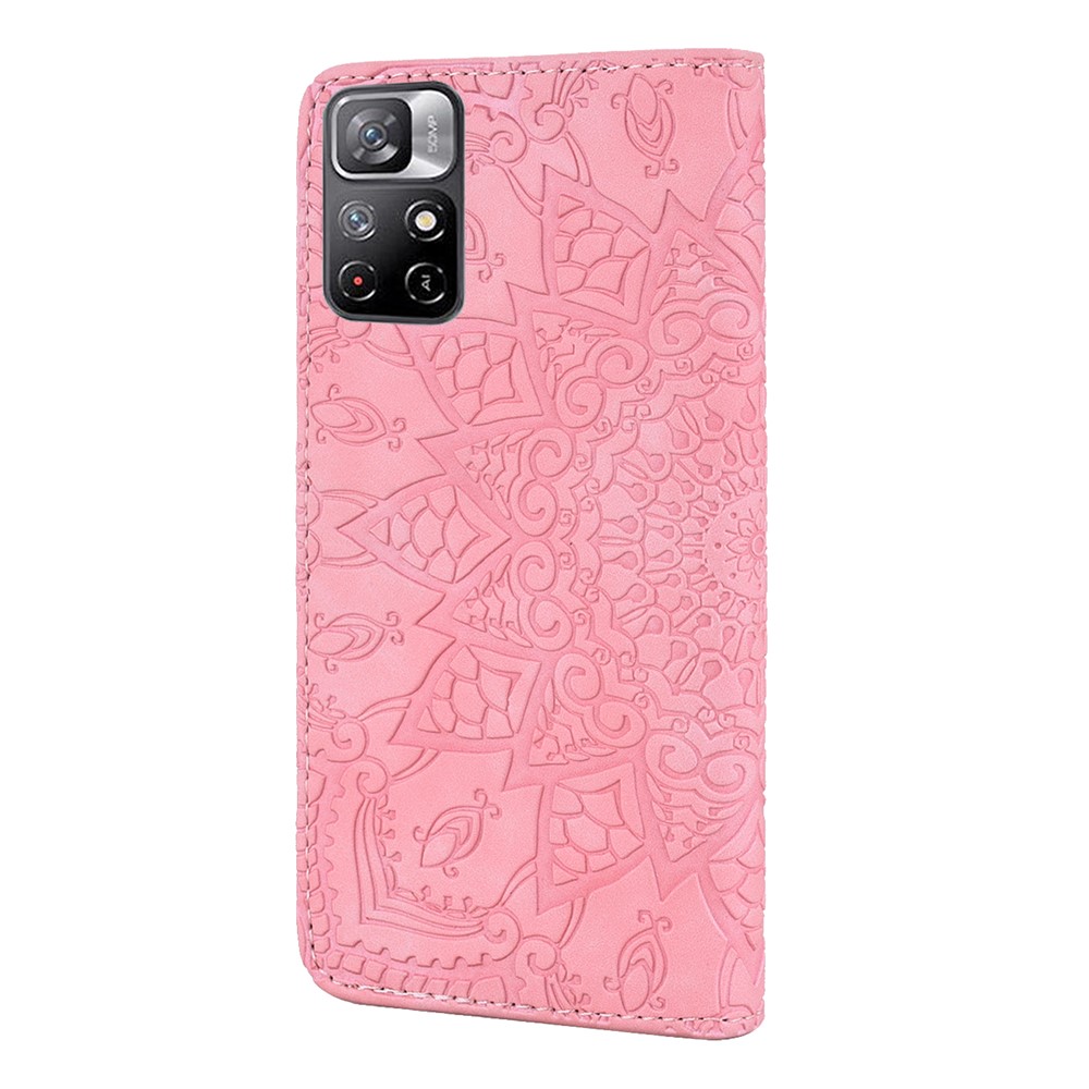 Imprint Flower Phone Cover Scratch-resistant Anti-fall Wallet Design Leather Case with Stand for Xiaomi Redmi Note 11/Poco M4 Pro 5G - Pink-3