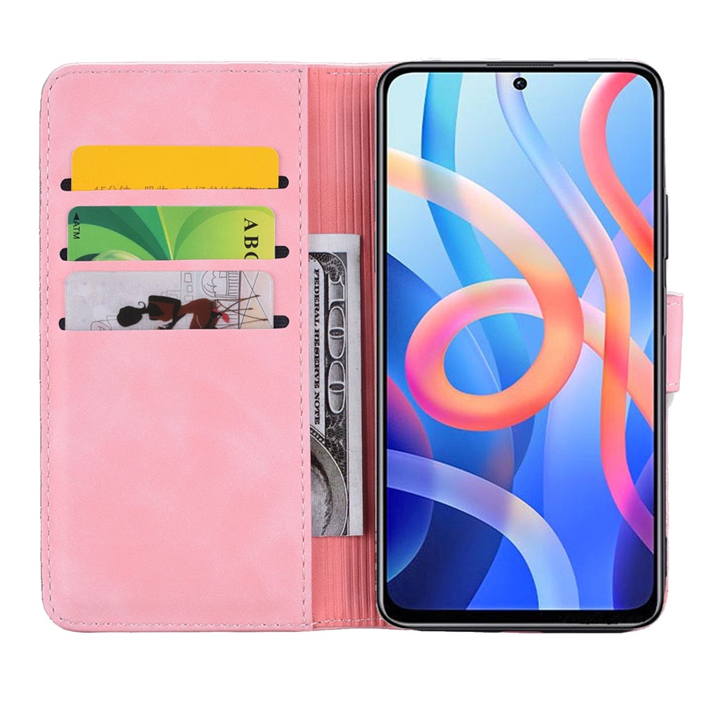 Imprint Flower Phone Cover Scratch-resistant Anti-fall Wallet Design Leather Case with Stand for Xiaomi Redmi Note 11/Poco M4 Pro 5G - Pink-4
