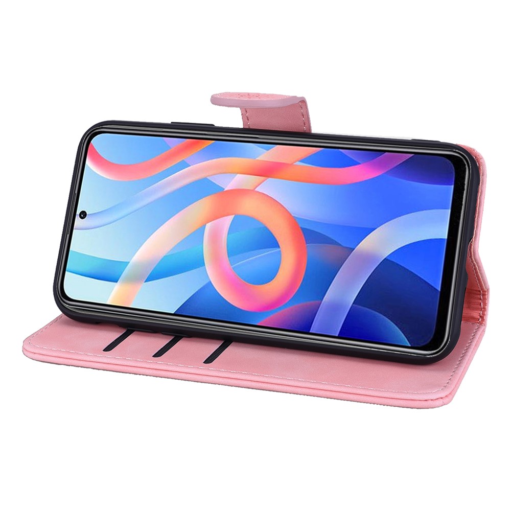 Imprint Flower Phone Cover Scratch-resistant Anti-fall Wallet Design Leather Case with Stand for Xiaomi Redmi Note 11/Poco M4 Pro 5G - Pink-5