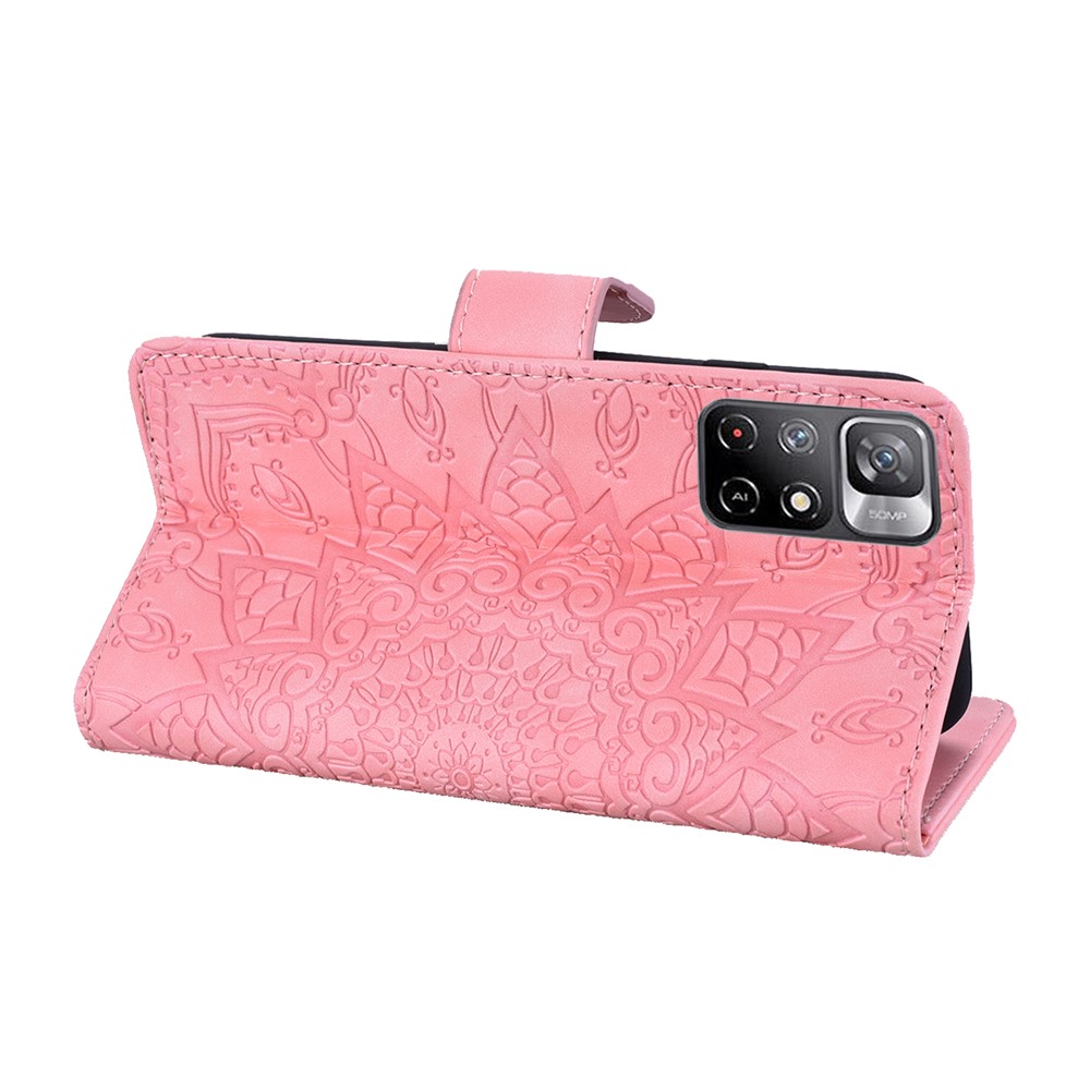 Imprint Flower Phone Cover Scratch-resistant Anti-fall Wallet Design Leather Case with Stand for Xiaomi Redmi Note 11/Poco M4 Pro 5G - Pink-6