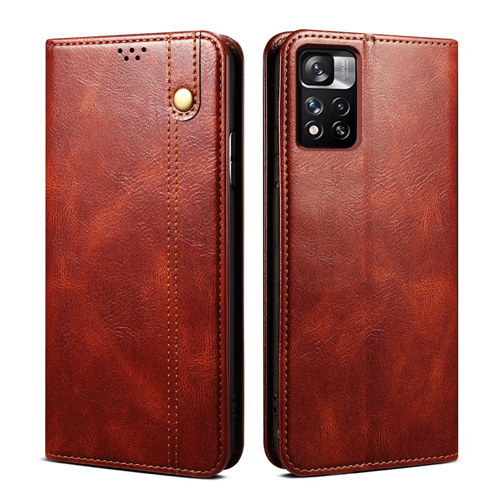 PU Leather Waxy Crazy Horse Texture Wallet Flip Shockproof Protective Phone Case with Stand for Xiaomi Redmi Note 11 / Poco M4 Pro 5G - Brown-1
