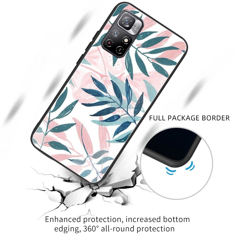 Anti-Scratch Stylish Pattern Printing Anti-Drop TPU Edges Tempered Glass Back Protective Case for Xiaomi Redmi Note 11 Pro/Note 11 Pro+ - Leaves-2