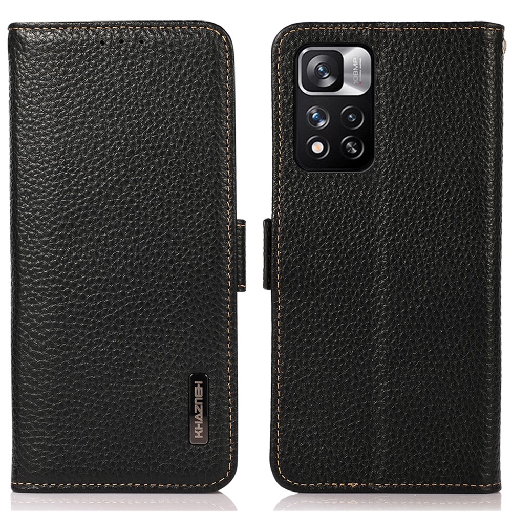 KHAZNEH RFID Blocking Litchi Texture Genuine Leather Flip Case Wallet Stand Flip Protective Cover for Xiaomi Redmi Note 11 Pro / Note 11 Pro+ - Black-1