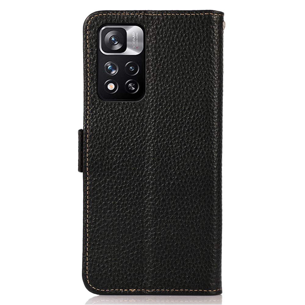 KHAZNEH RFID Blocking Litchi Texture Genuine Leather Flip Case Wallet Stand Flip Protective Cover for Xiaomi Redmi Note 11 Pro / Note 11 Pro+ - Black-3