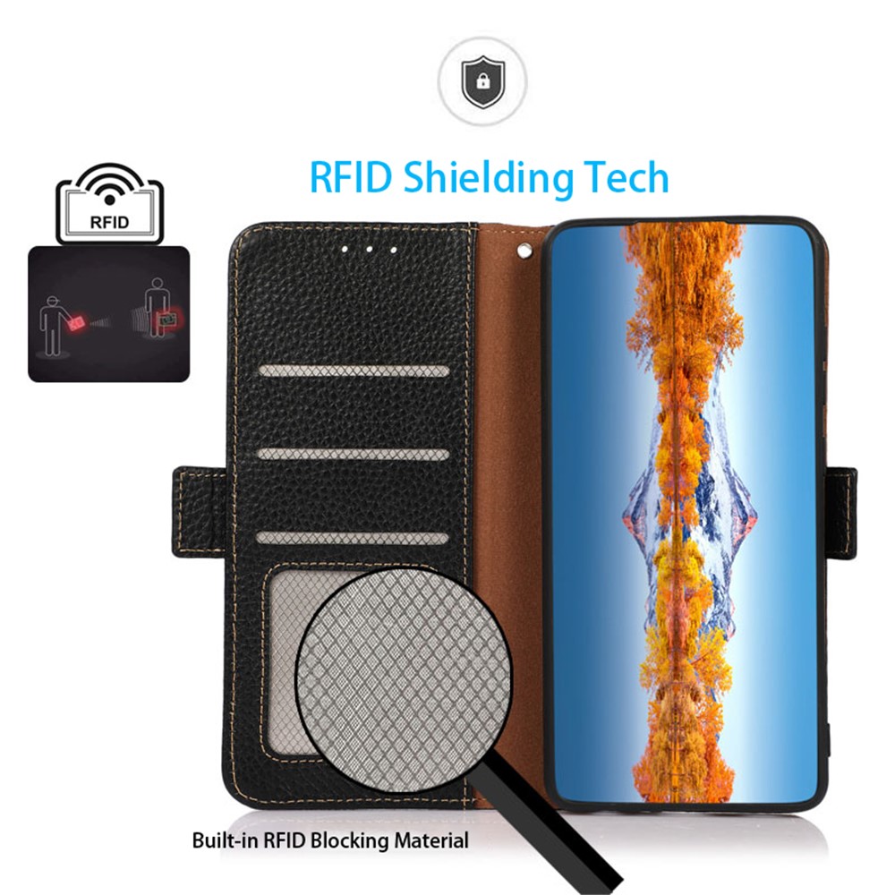 KHAZNEH RFID Blocking Litchi Texture Genuine Leather Flip Case Wallet Stand Flip Protective Cover for Xiaomi Redmi Note 11 Pro / Note 11 Pro+ - Black-6