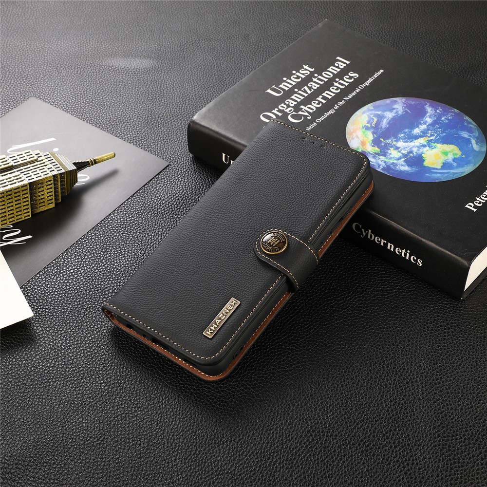 KHAZNEH RFID Top Layer Genuine Leather Magnetic RFID Blocking Wallet Case Flip Folio Stand Phone Cover for Xiaomi Redmi Note 11 Pro / Note 11 Pro+ - Black-9