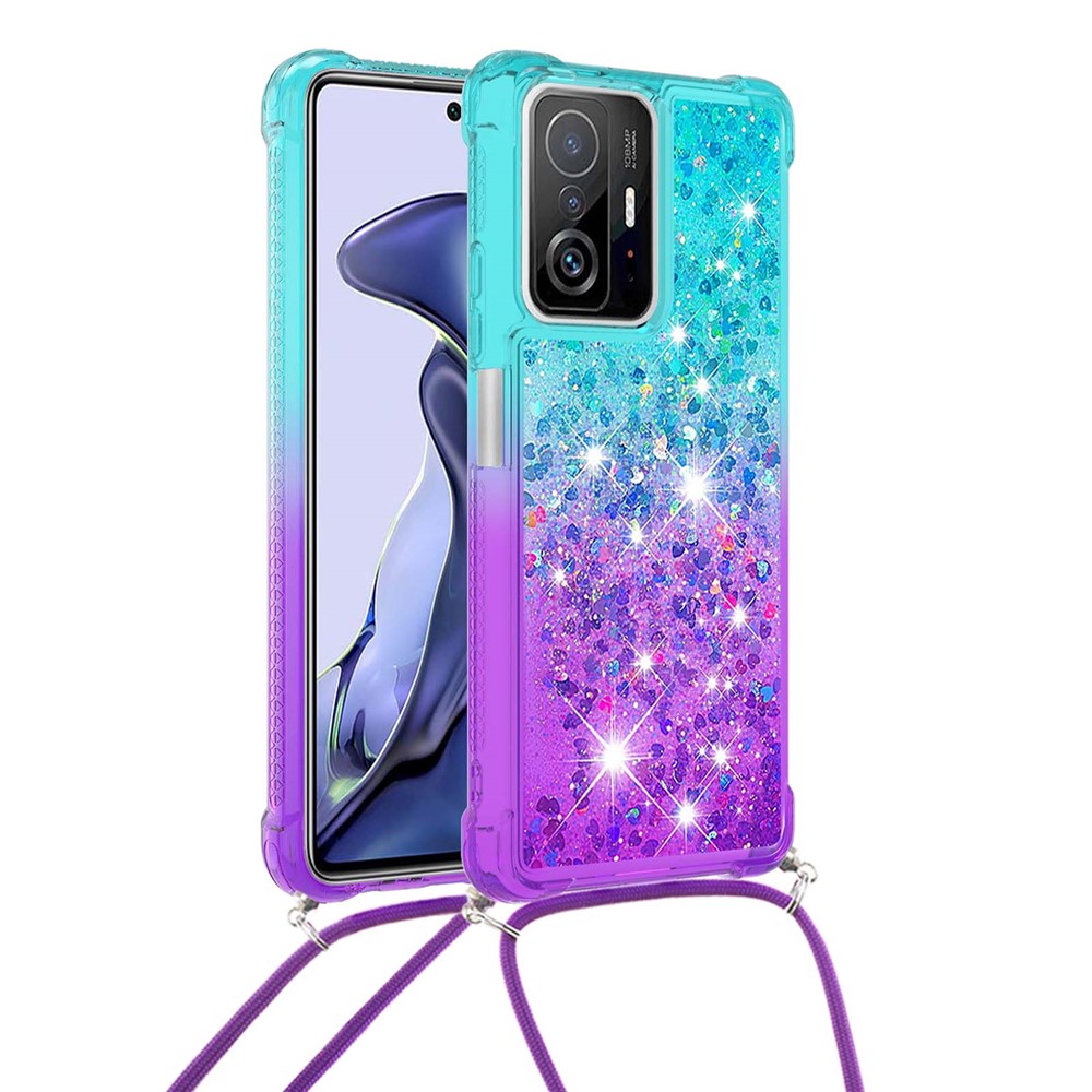 Gradient Quicksand Series Glitter Flowing Liquid Stylish Anti-drop Soft TPU Phone Cover with Strap for Xiaomi 11T/11T Pro - Sky Blue/Purple-2