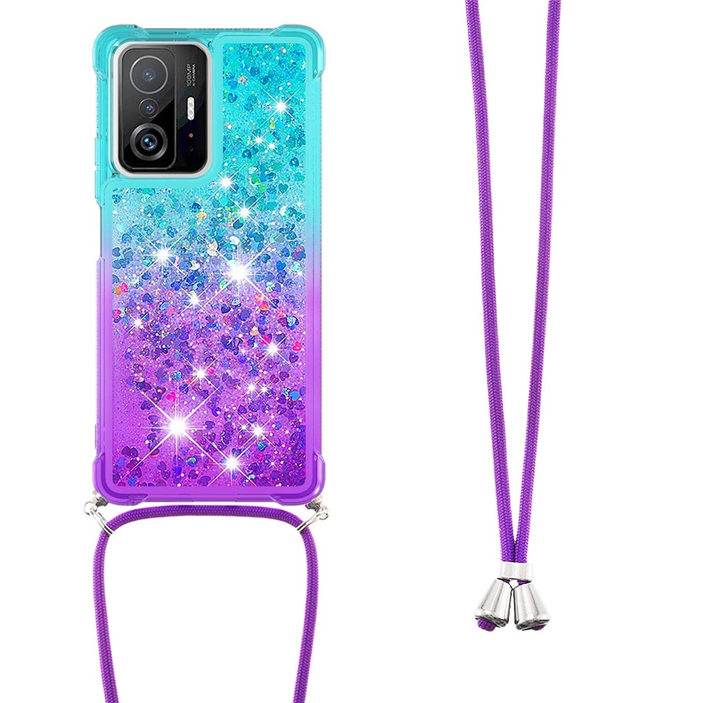 Gradient Quicksand Series Glitter Flowing Liquid Stylish Anti-drop Soft TPU Phone Cover with Strap for Xiaomi 11T/11T Pro - Sky Blue/Purple-3