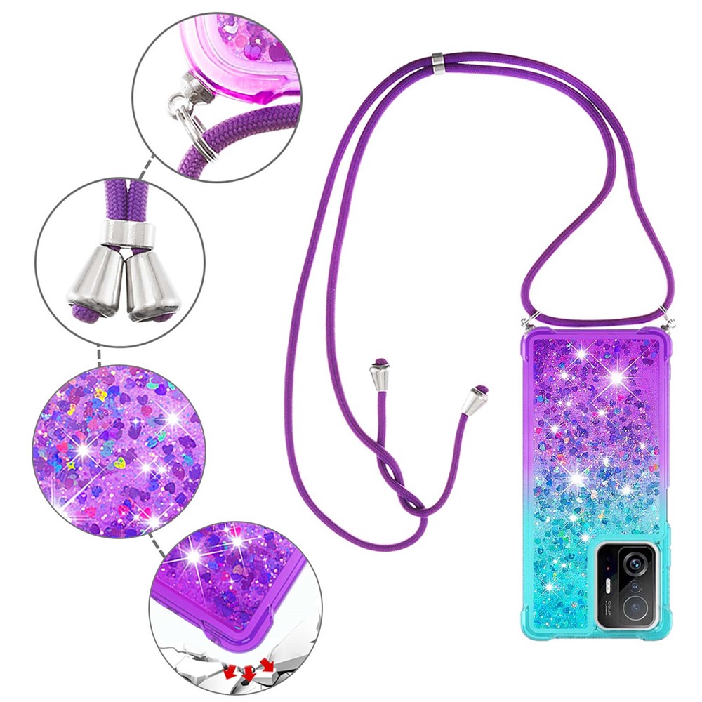 Gradient Quicksand Series Glitter Flowing Liquid Stylish Anti-drop Soft TPU Phone Cover with Strap for Xiaomi 11T/11T Pro - Sky Blue/Purple-4