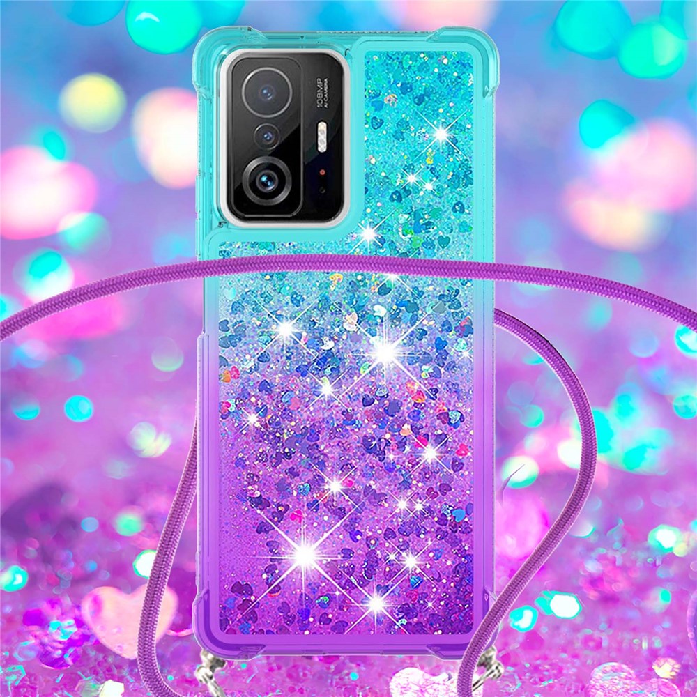 Gradient Quicksand Series Glitter Flowing Liquid Stylish Anti-drop Soft TPU Phone Cover with Strap for Xiaomi 11T/11T Pro - Sky Blue/Purple-5