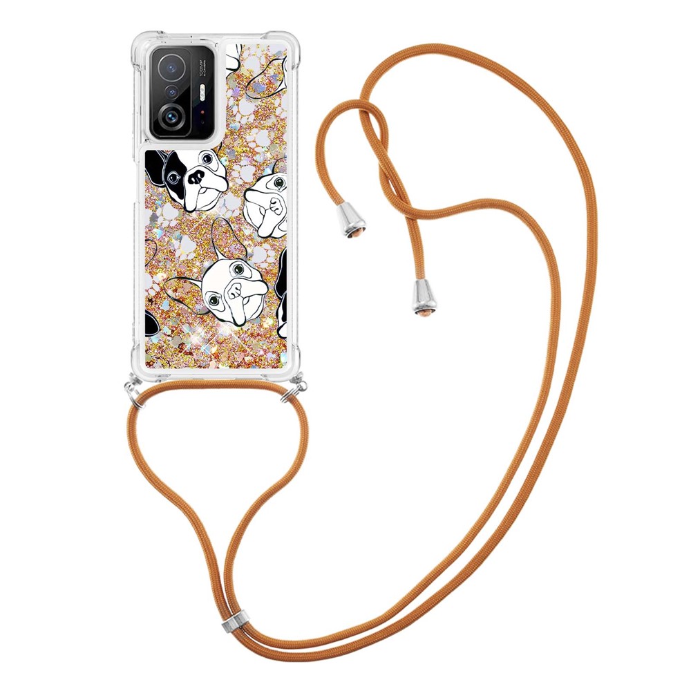 Pattern Printing Flowing Quicksand Shiny Liquid TPU Soft Drop-proof Protective Case with Long Strap for Xiaomi 11T/11T Pro - Black/White Puppy-1