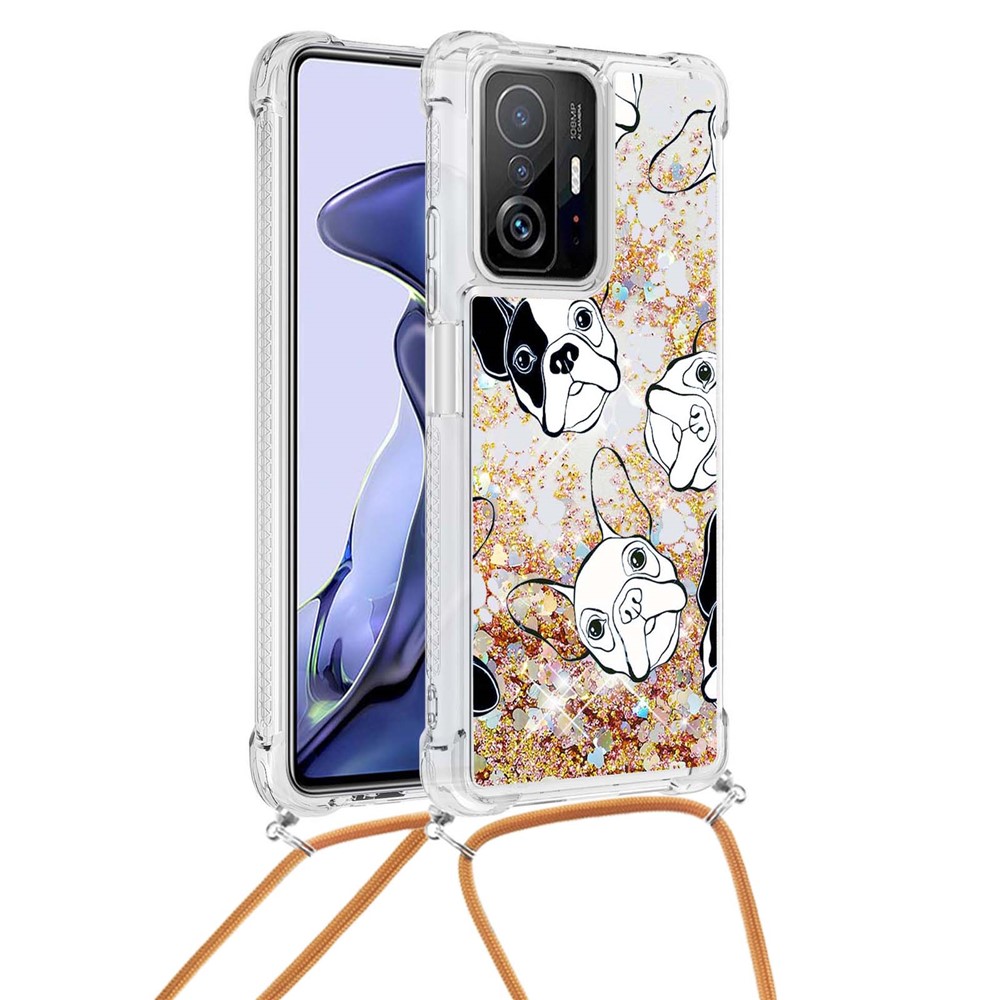 Pattern Printing Flowing Quicksand Shiny Liquid TPU Soft Drop-proof Protective Case with Long Strap for Xiaomi 11T/11T Pro - Black/White Puppy-2