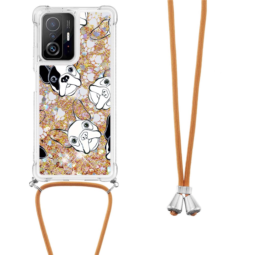 Pattern Printing Flowing Quicksand Shiny Liquid TPU Soft Drop-proof Protective Case with Long Strap for Xiaomi 11T/11T Pro - Black/White Puppy-3