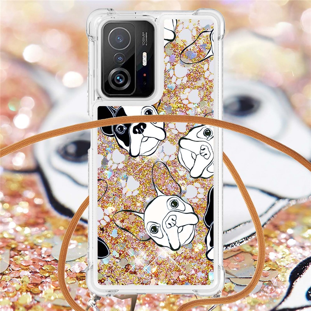 Pattern Printing Flowing Quicksand Shiny Liquid TPU Soft Drop-proof Protective Case with Long Strap for Xiaomi 11T/11T Pro - Black/White Puppy-5