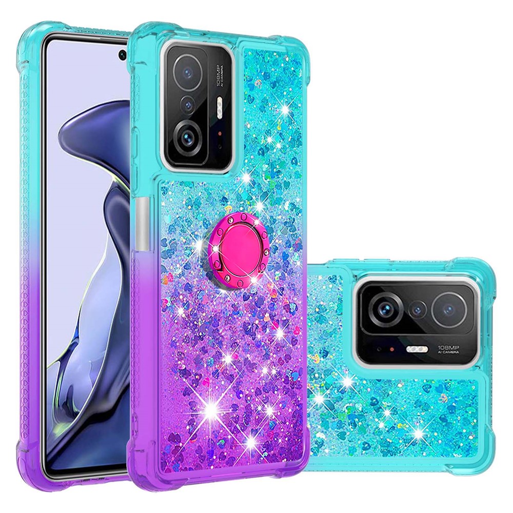 Glitter Liquid Bling Sparkle Gradient Quicksand Four Corners Anti-fall Soft TPU Protective Case Shell with Ring Holder Kickstand for Xiaomi 11T/11T Pro - Sky Blue/Purple-1